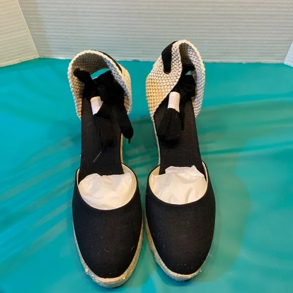 Soludos Marseille Wedge Espadrilles Black Closed-Toed Lace-up Tall Heel Boho