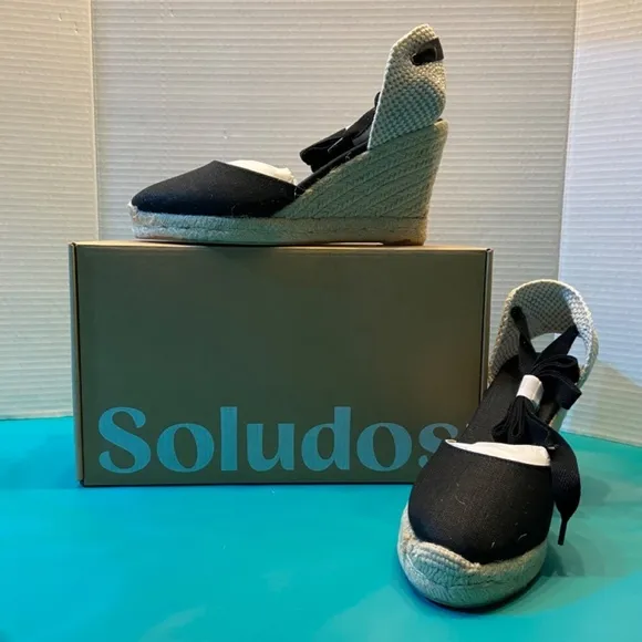 Soludos Marseille Wedge Espadrilles Black Closed-Toed Lace-up Tall Heel Boho