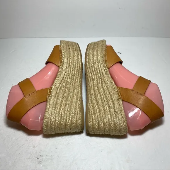 Soludos Tan/Cream Chunky Platform JuteMinorca Leather Espadrilles Wedge Sandals