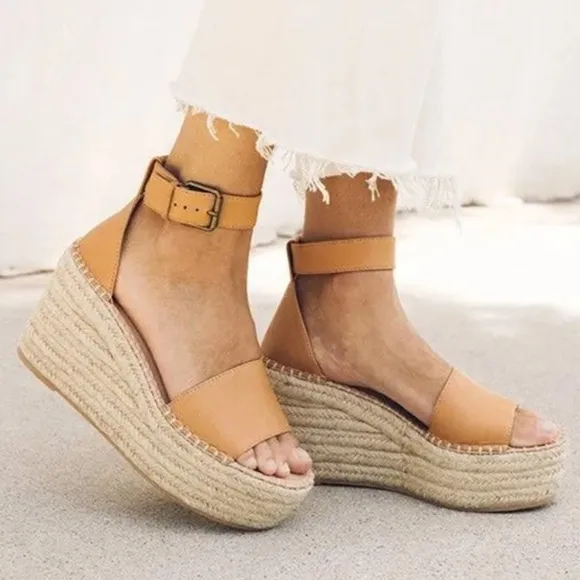 Soludos Tan/Cream Chunky Platform JuteMinorca Leather Espadrilles Wedge Sandals