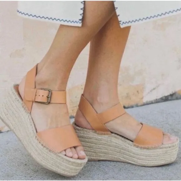 Soludos Minorca Platform Wedge Leather Espadrille Sandals Nude Women’s Size 9.5