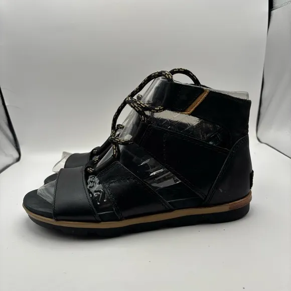 Sorel Black and Gold Women's Torpeda Lace Gladiator Flat Sandals Size 9 1/2