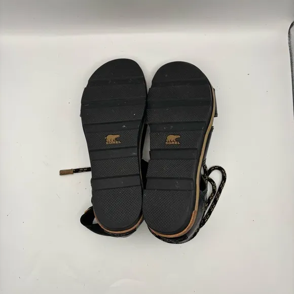 Sorel Black and Gold Women's Torpeda Lace Gladiator Flat Sandals Size 9 1/2