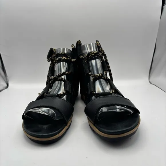 Sorel Black and Gold Women's Torpeda Lace Gladiator Flat Sandals Size 9 1/2
