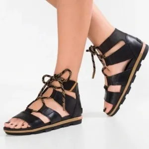 Sorel Black and Gold Women's Torpeda Lace Gladiator Flat Sandals Size 9 1/2