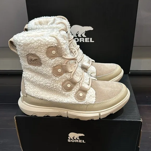 SOREL EXPLORER II JOAN COZY BOOTS IN ANCIENT FOSSIL/SEA SALT SZ 6.5 NEW IN BOX!