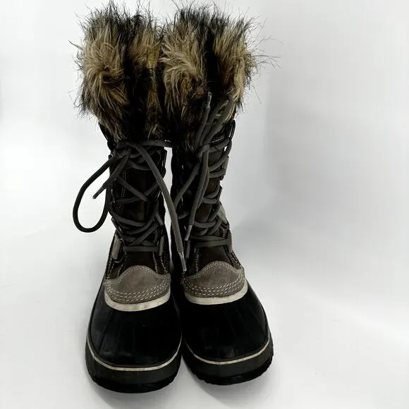 Sorel Joan of Arctic Boots Leather Winter Snow Lace Up Faux Fur Outdoor Gray 9