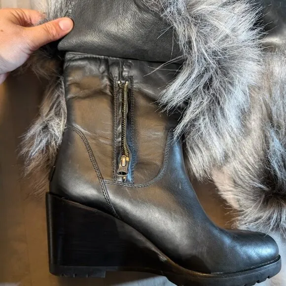 Sorel Park City Short Wedge Booties Faux Fur Black, Size 8.5