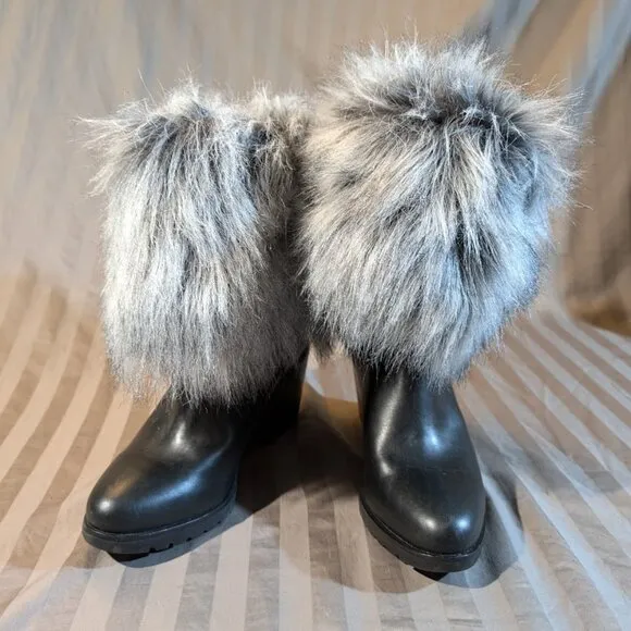 Sorel Park City Short Wedge Booties Faux Fur Black, Size 8.5