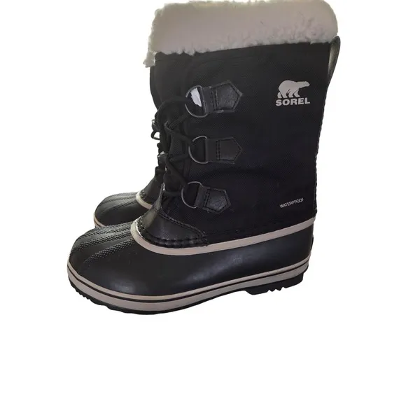 Sorel Winter Snow Boots Waterproof Faux Fur Trim Black Boots Kids Size 3