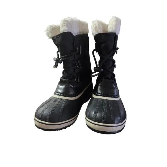 Sorel Winter Snow Boots Waterproof Faux Fur Trim Black Boots Kids Size 3