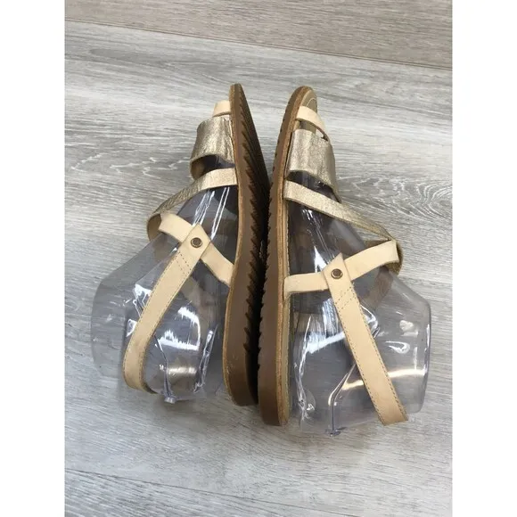 Sorel Women's Ella Criss Cross Beige Gold Leather Toe Loop Strappy Sandals 9.5M