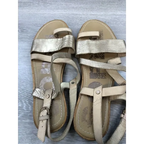 Sorel Women's Ella Criss Cross Beige Gold Leather Toe Loop Strappy Sandals 9.5M