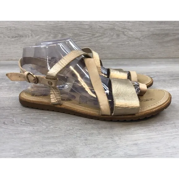 Sorel Women's Ella Criss Cross Beige Gold Leather Toe Loop Strappy Sandals 9.5M