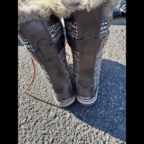 SOREL Snow boots fur trim brown Tall Tweed Leather sz 8.5 womens