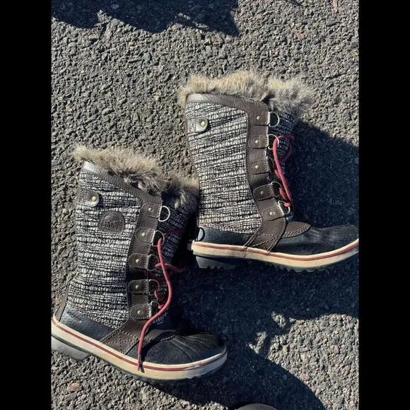 SOREL Snow boots fur trim brown Tall Tweed Leather sz 8.5 womens