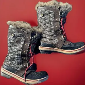 SOREL Snow boots fur trim brown Tall Tweed Leather sz 8.5 womens