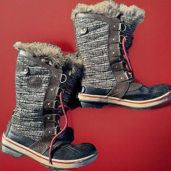 SOREL Snow boots fur trim brown Tall Tweed Leather sz 8.5 womens