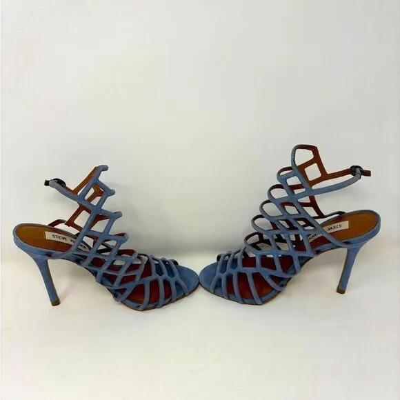 Steve Madden‎ Slithur Size 7 Leather Light Blue Suede Strappy Cage Heels Sandals