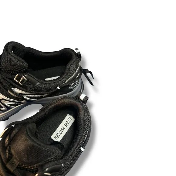 Steve Madden Watts Sneakers Women's 9M Black Mesh Chunky Trail Bungee Cord Lace