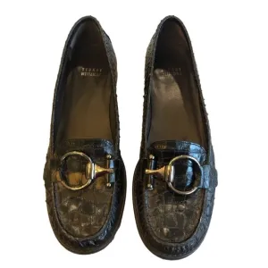 STUART Weitzman 10 N black reptile texture leather loafers with decorative ring