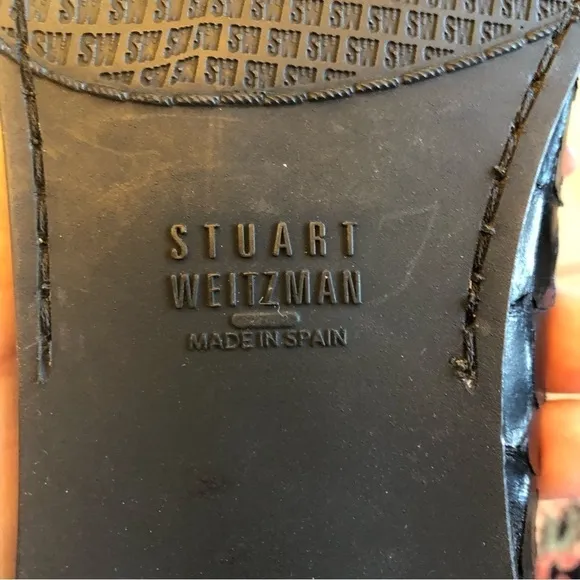 STUART Weitzman 10 N black reptile texture leather loafers with decorative ring