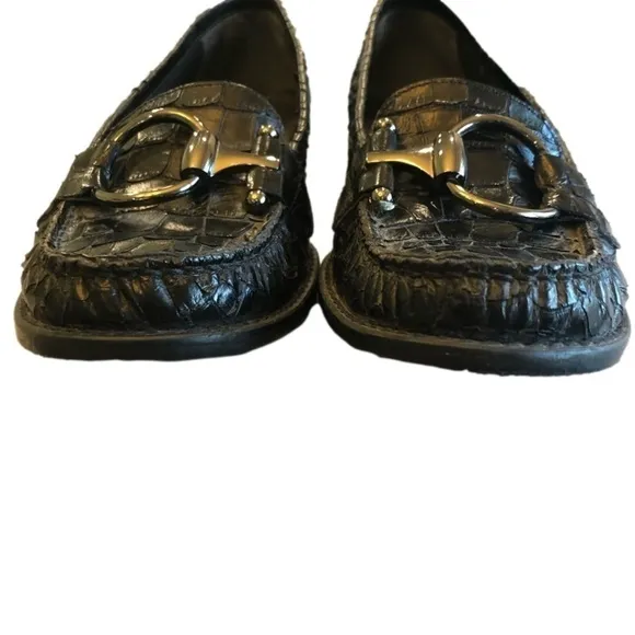 STUART Weitzman 10 N black reptile texture leather loafers with decorative ring