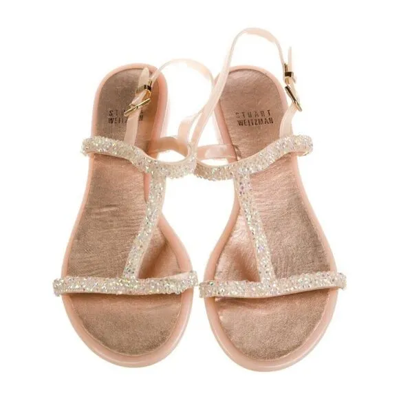 stuart weitzman Authentic Solid Pink Crystal Embellished Strappy Flat Sandals 7