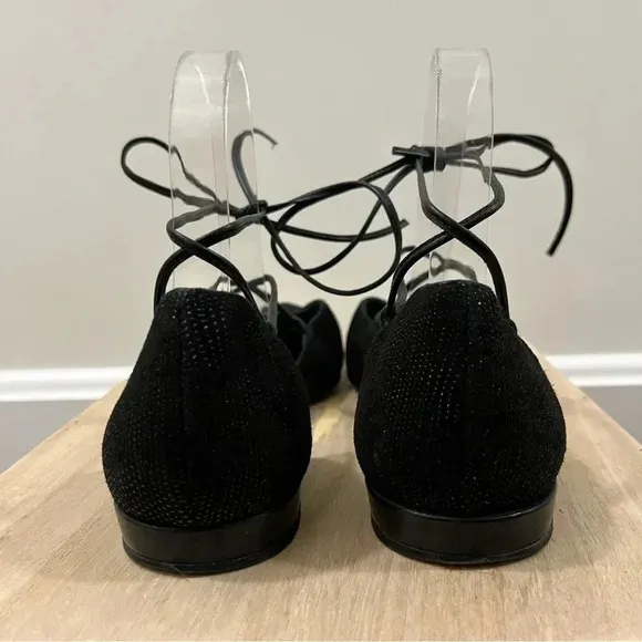 Stuart Weitzman Black Gilligan Shimmer Lace Up Pointed Toe Lace Up Flats 10