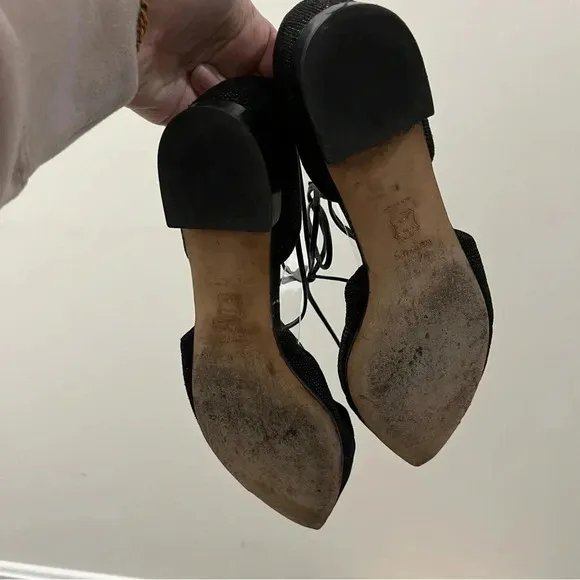 Stuart Weitzman Black Gilligan Shimmer Lace Up Pointed Toe Lace Up Flats 10