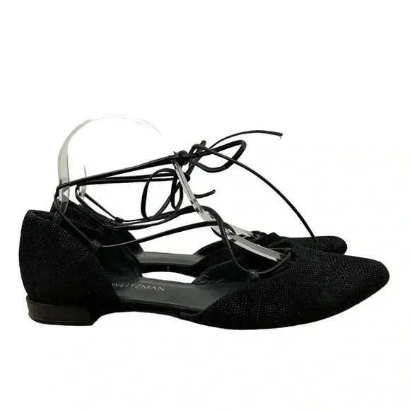 Stuart Weitzman Black Gilligan Shimmer Lace Up Pointed Toe Lace Up Flats 10
