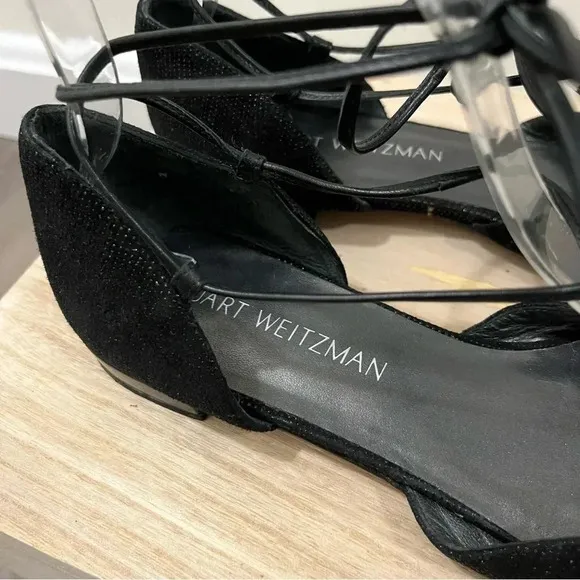 Stuart Weitzman Black Gilligan Shimmer Lace Up Pointed Toe Lace Up Flats 10