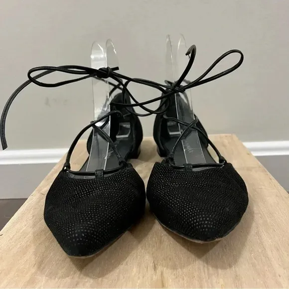 Stuart Weitzman Black Gilligan Shimmer Lace Up Pointed Toe Lace Up Flats 10