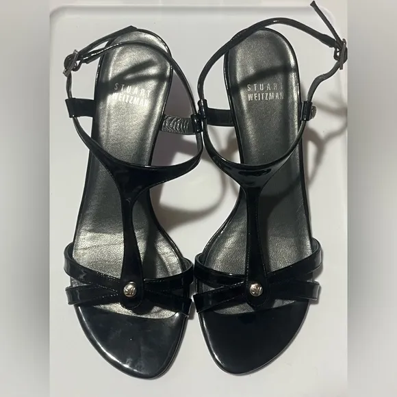 Stuart Weitzman Black Strappy Patent Leather Sandals Heels, Sz 7M