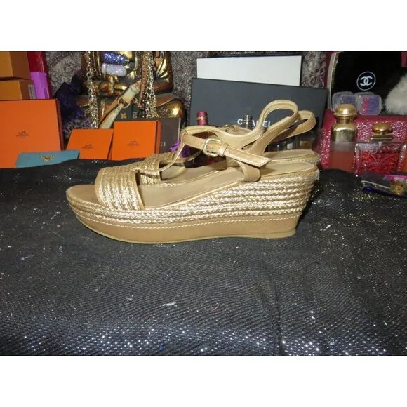Stuart Weitzman Gold Braided Italian Leather Metallic Platform Wedge Espadrilles