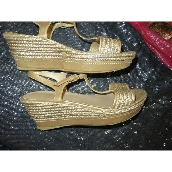 Stuart Weitzman Gold Braided Italian Leather Metallic Platform Wedge Espadrilles