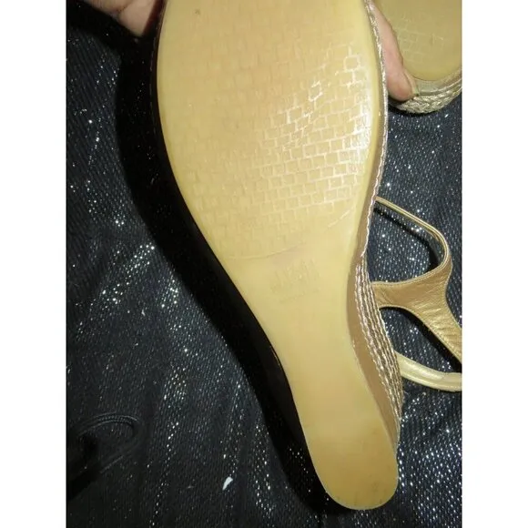 Stuart Weitzman Gold Braided Italian Leather Metallic Platform Wedge Espadrilles