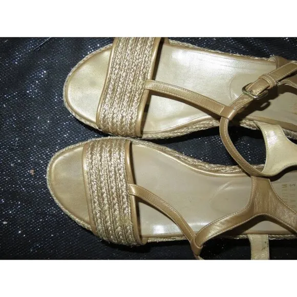 Stuart Weitzman Gold Braided Italian Leather Metallic Platform Wedge Espadrilles
