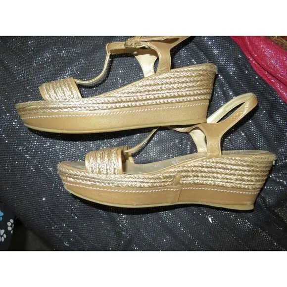 Stuart Weitzman Gold Braided Italian Leather Metallic Platform Wedge Espadrilles