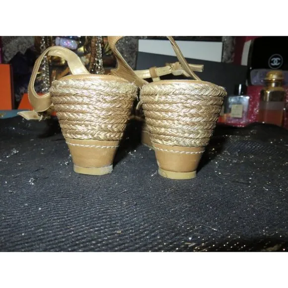 Stuart Weitzman Gold Braided Italian Leather Metallic Platform Wedge Espadrilles