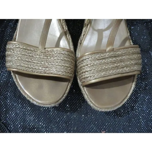 Stuart Weitzman Gold Braided Italian Leather Metallic Platform Wedge Espadrilles