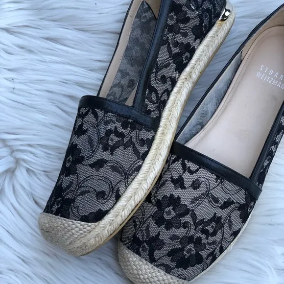 Stuart Weitzman Meshuga Black Lace Womens Flat Espadrilles, size 8