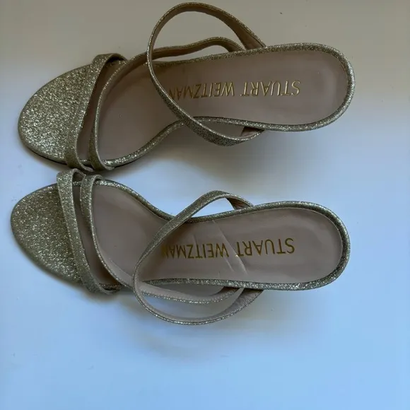 STUART WEITZMAN PATRON GLITTER GOLD STRAPPY SLIDE SANDAL CURVE HEEL Sz 6