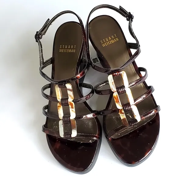 Stuart Weitzman Women's Brown Patent Leather Strappy Wedge Heel Sandal Size 6