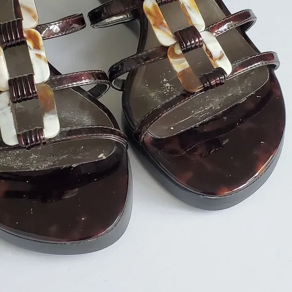 Stuart Weitzman Women's Brown Patent Leather Strappy Wedge Heel Sandal Size 6
