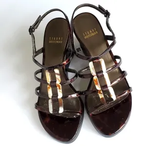 Stuart Weitzman Women's Brown Patent Leather Strappy Wedge Heel Sandal Size 6
