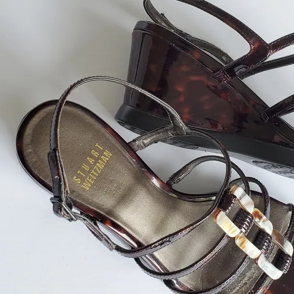 Stuart Weitzman Women's Brown Patent Leather Strappy Wedge Heel Sandal Size 6