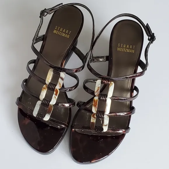 Stuart Weitzman Women's Brown Patent Leather Strappy Wedge Heel Sandal Size 6