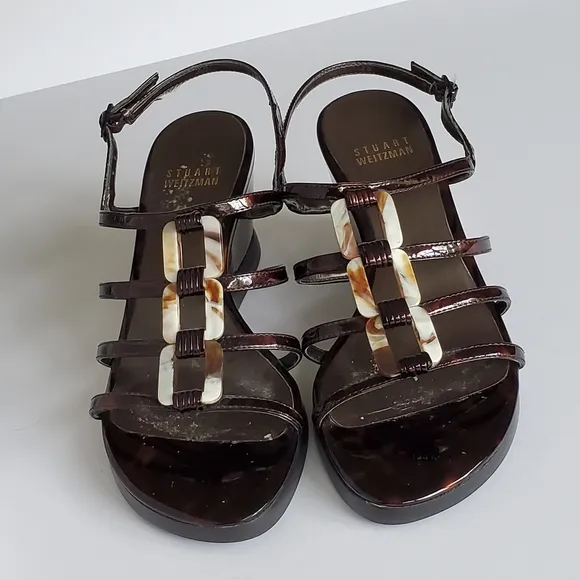 Stuart Weitzman Women's Brown Patent Leather Strappy Wedge Heel Sandal Size 6