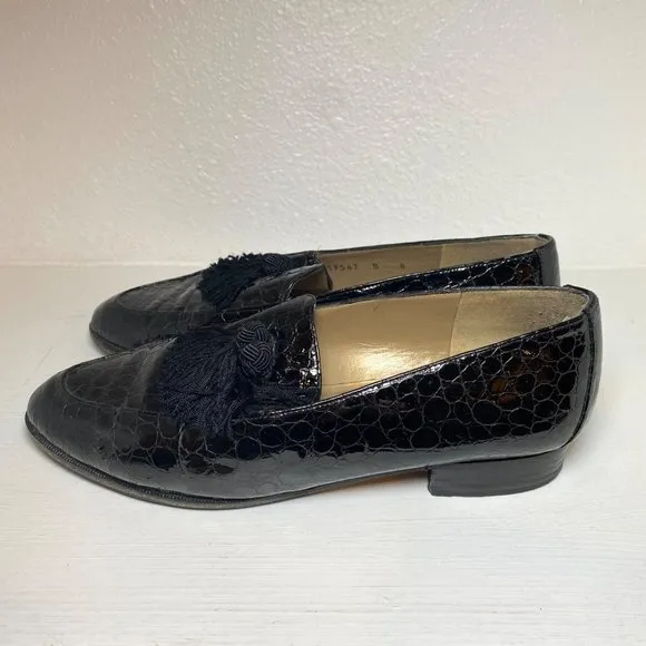 Stuart Weitzman Razmataz Leather Tassel Block Heel Loafers Black Croc Snake 8